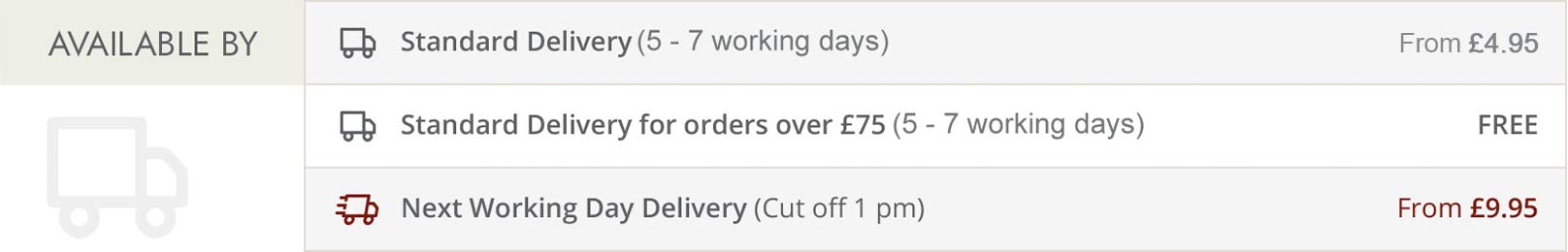 Delivery times 5 - 7 working days with next day delivery