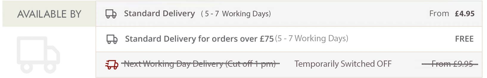 Delivery times 5 - 7 working days - Next Day Delivery OFF